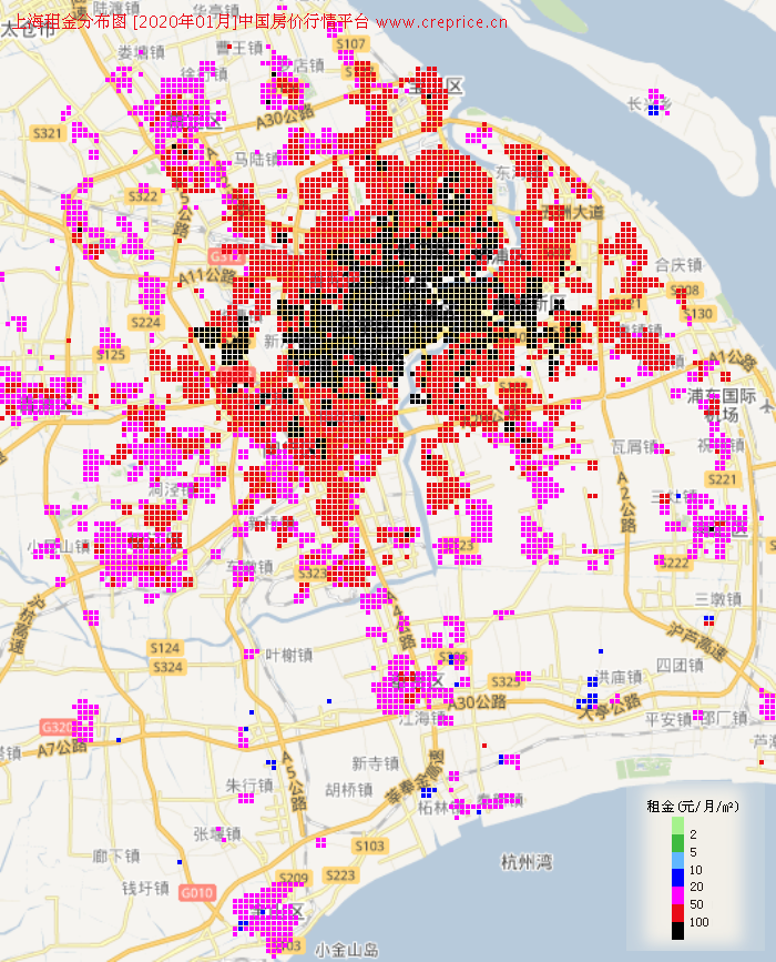 上海租金分布栅格图（2020年1月）