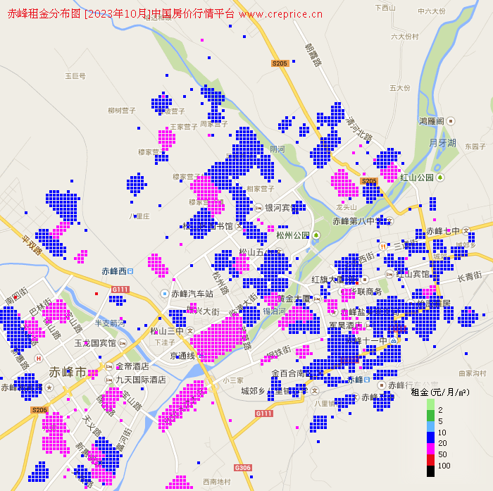 赤峰租金分布栅格图（2023年10月）