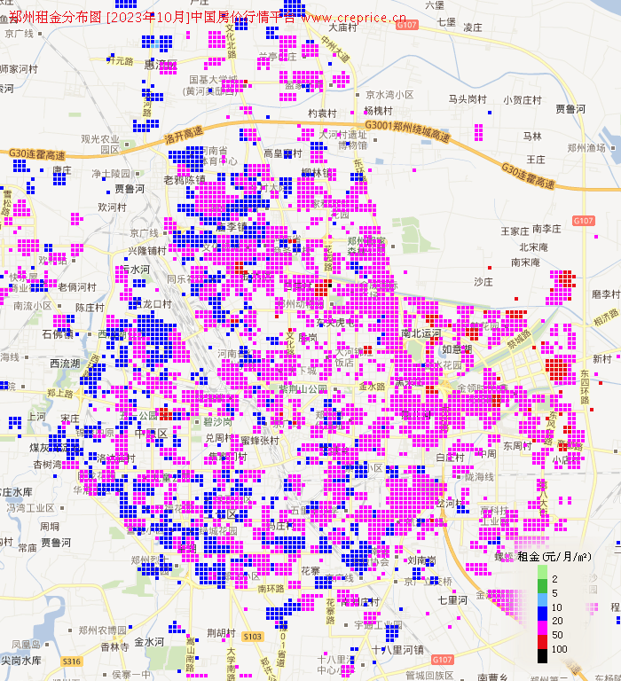 郑州租金分布栅格图（2023年10月）