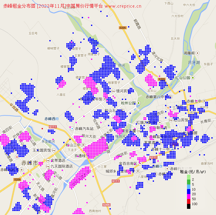 赤峰租金分布栅格图（2023年11月）
