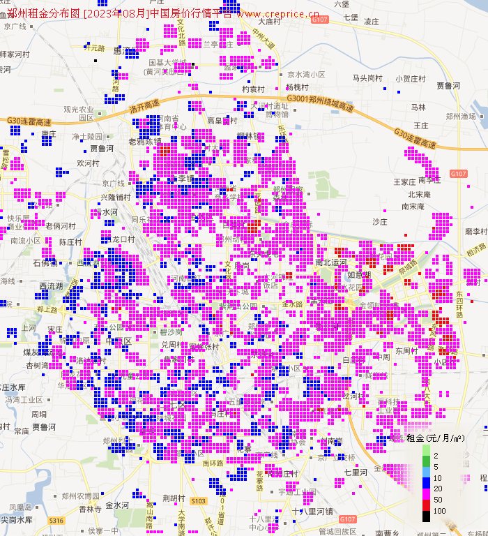 郑州租金分布栅格图（2023年8月）