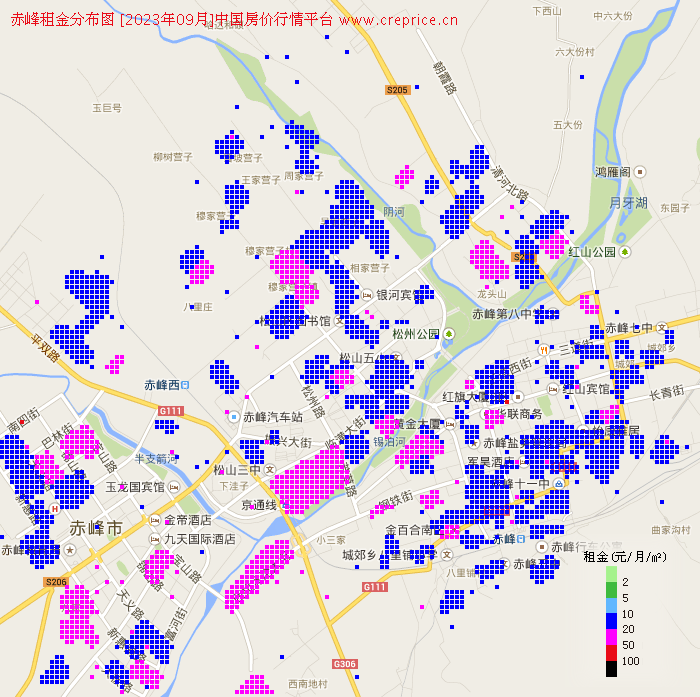 赤峰租金分布栅格图（2023年9月）
