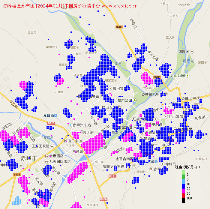 赤峰租金分布栅格图（2024年1月）